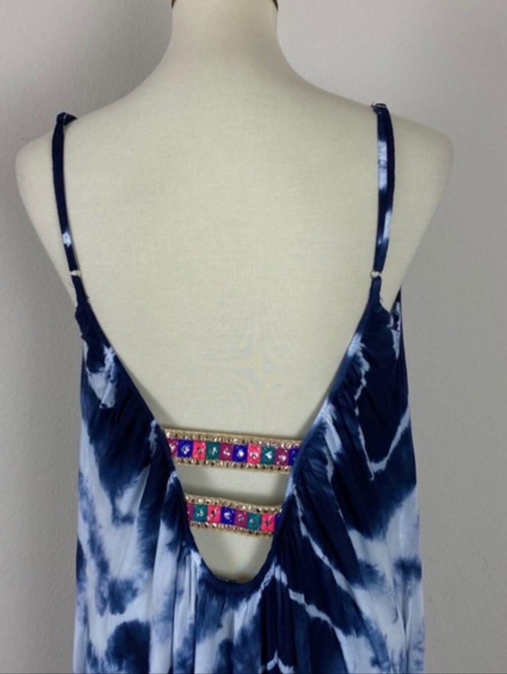Raviya Blue Tie Dye Boho Hippie Embellished Strappy Fairy Maxi Dress Size Large - Picture 5 of 16